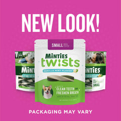 Minties Twists – chien heureux mâchant l’os dentaire, plaisir et propreté.