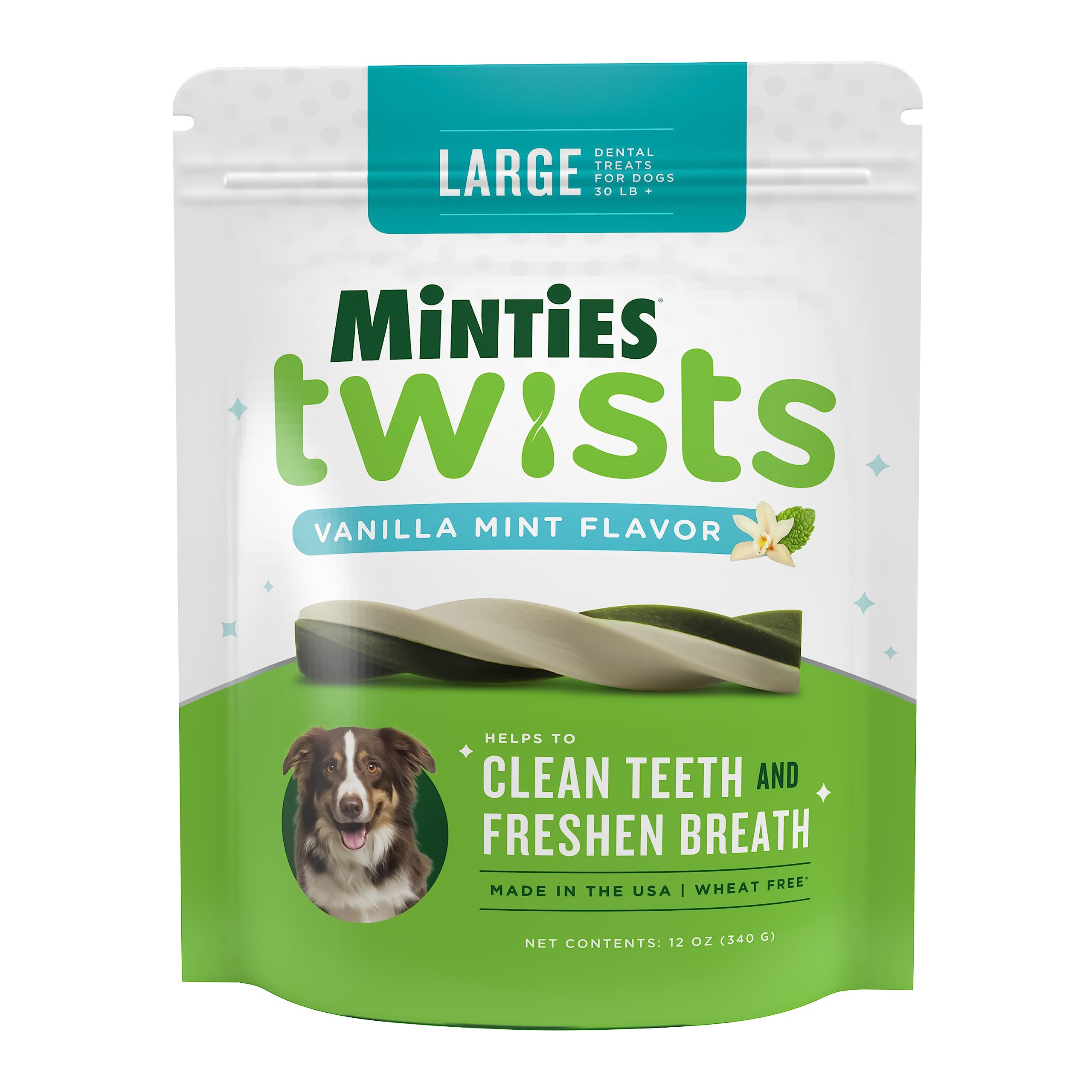Twists Minties en emballage de 20 unités pour chiens moyens et grands, haleine fraîche.
