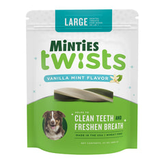 Minties Twists : os dentaires pour chien grand favorisant l’hygiène bucco-dentaire lors du grignotage.