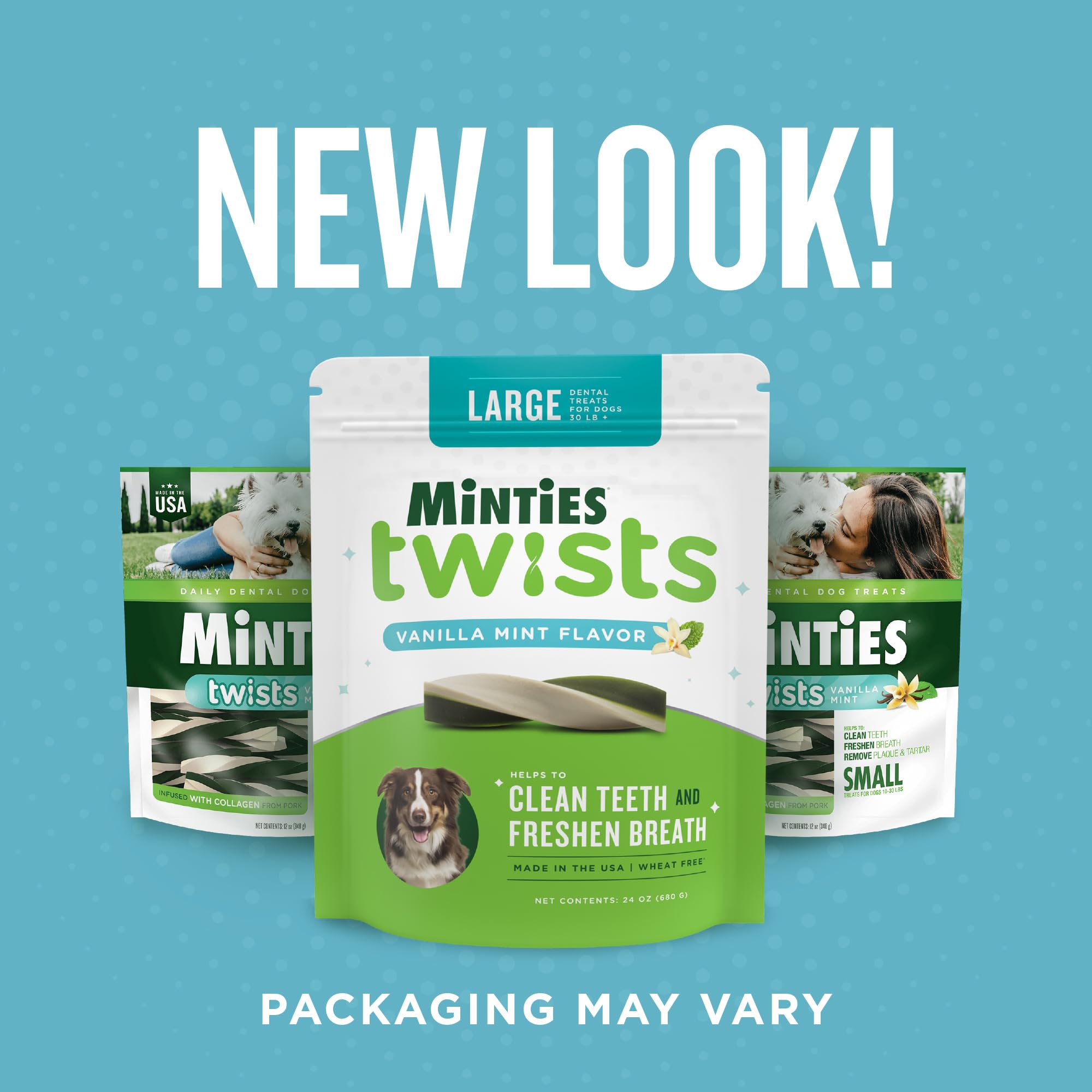 Texture dentaires des friandises Minties Twists pour une mastication efficace.