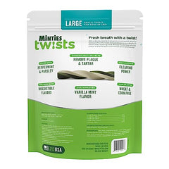 Texture torsadée Minties Twists avec arômes menthe et vanille pour une friandise savoureuse.