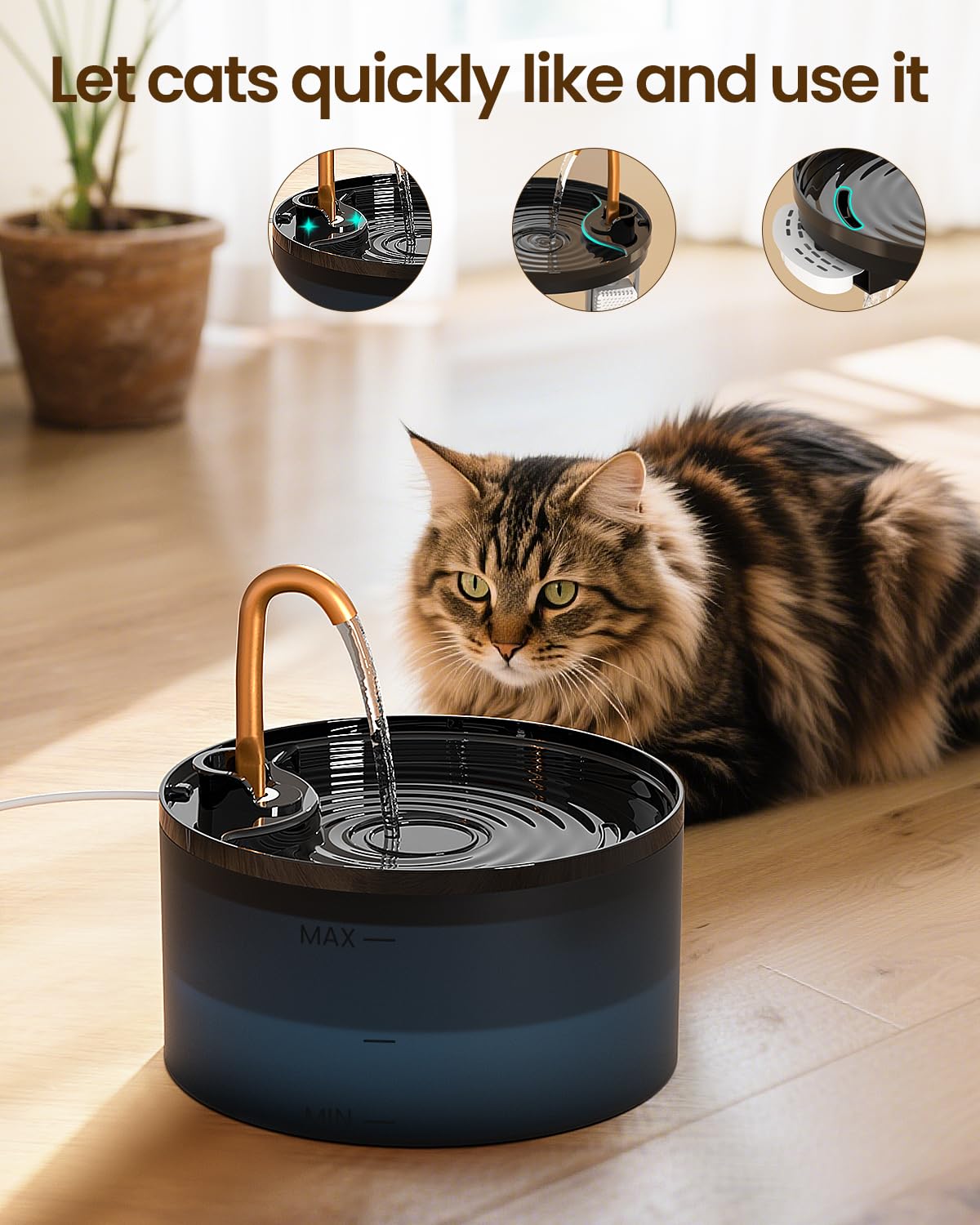 MISFANS fontaine-chat-filtration-double-chambre : filtration efficace des débris et cheveux.