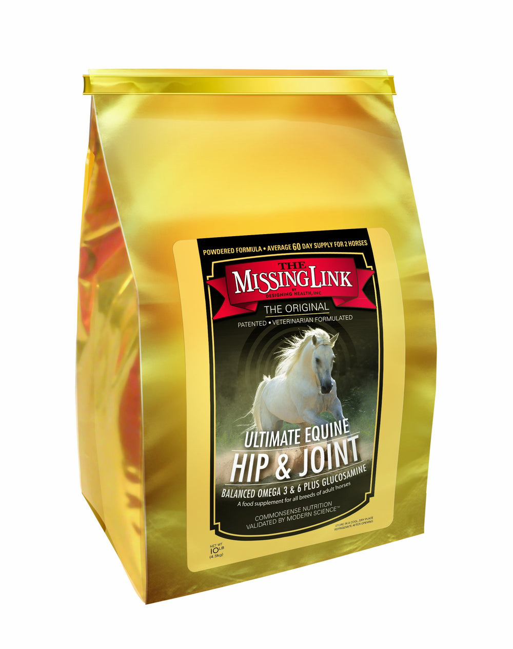 Missing Link Equine Plus en bouteille, soutient les articulations et la mobilité du cheval.