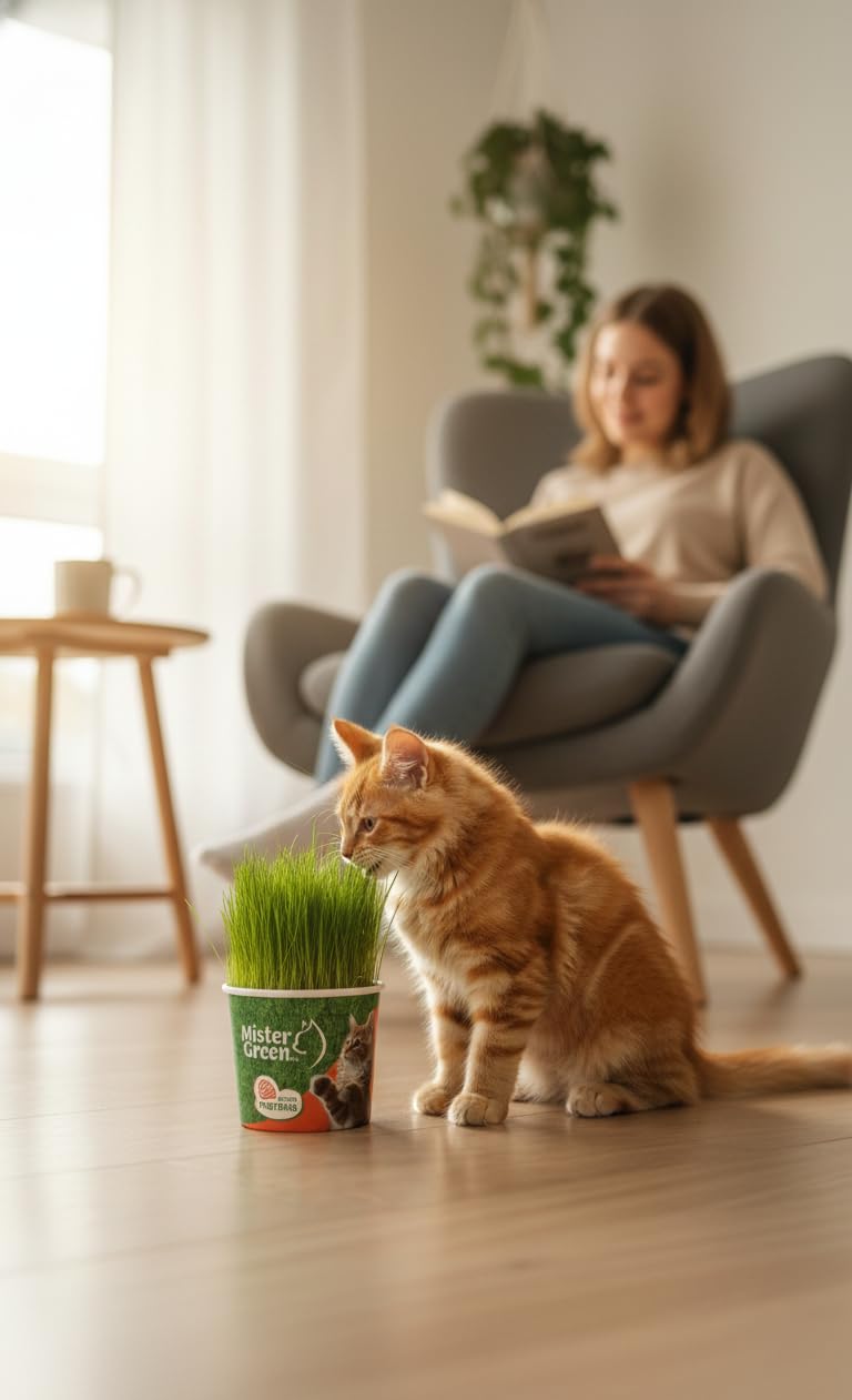 Mister Green Pet Kit: chat mâchant l’herbe; usage quotidien naturel