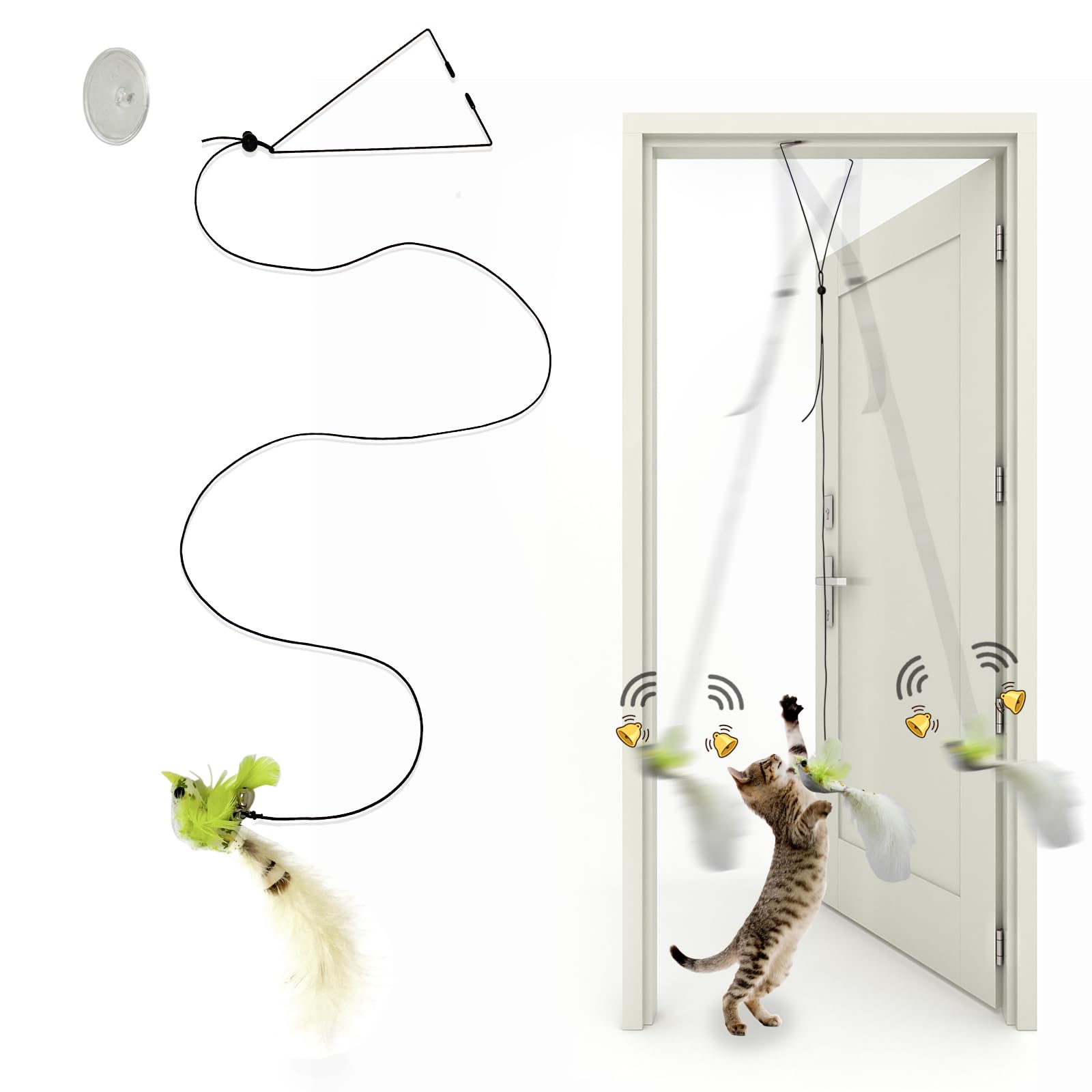 Jouet Mitubati pour chat, accrochage porte avec oiseau-jaune, stimulation et exercice.