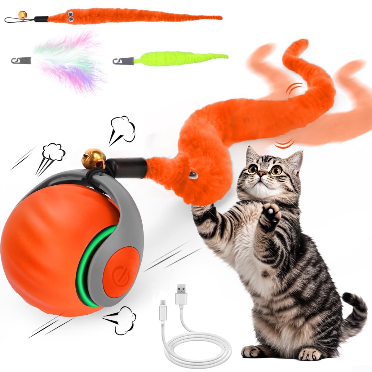 Balle chat interactive Mity rain orange avec plumes prête au jeu et à l0utilisation quotidienne.