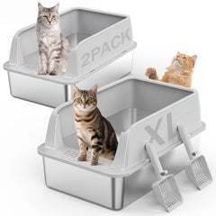 MIXJOY 2-pack bac litière acier inoxydable XXL, parfait pour chats de grande taille.