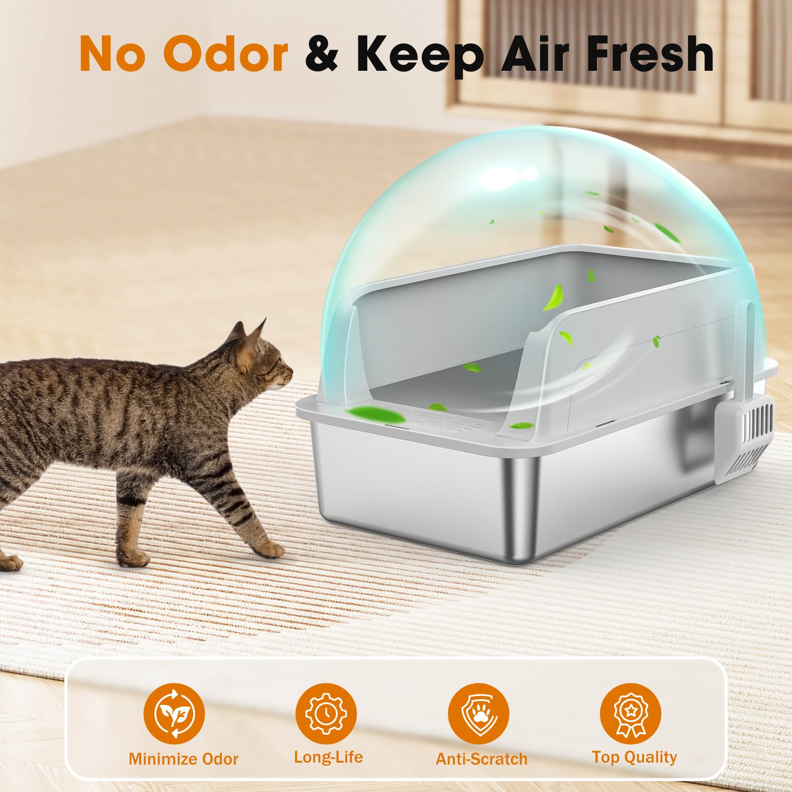 MIXJOY bac litière acier inoxydable avec murs hauts de 11 pouces pour éviter les éclaboussures.