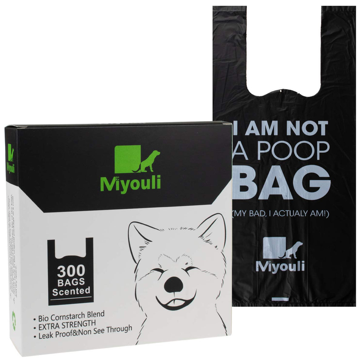 Sacs Miyouli noirs avec poignées dans boîte, pratique pour crottes de chien.