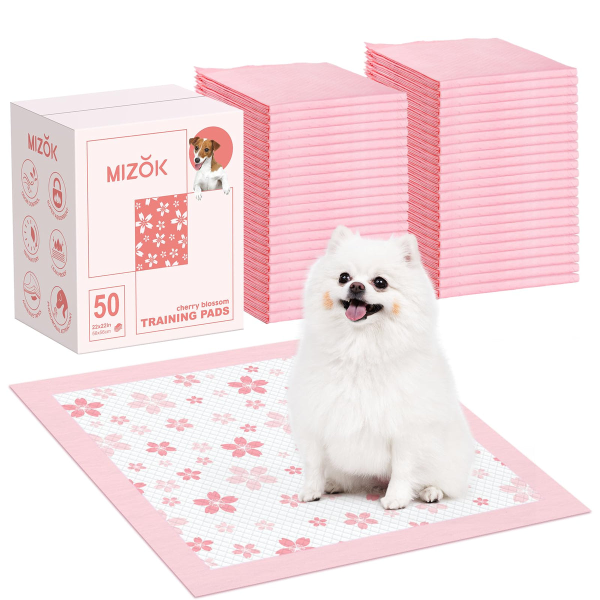 MIZOK Couches absorbantes chiots, design fleurs cerisier rose, idéal pour l'entraînement et le confort.