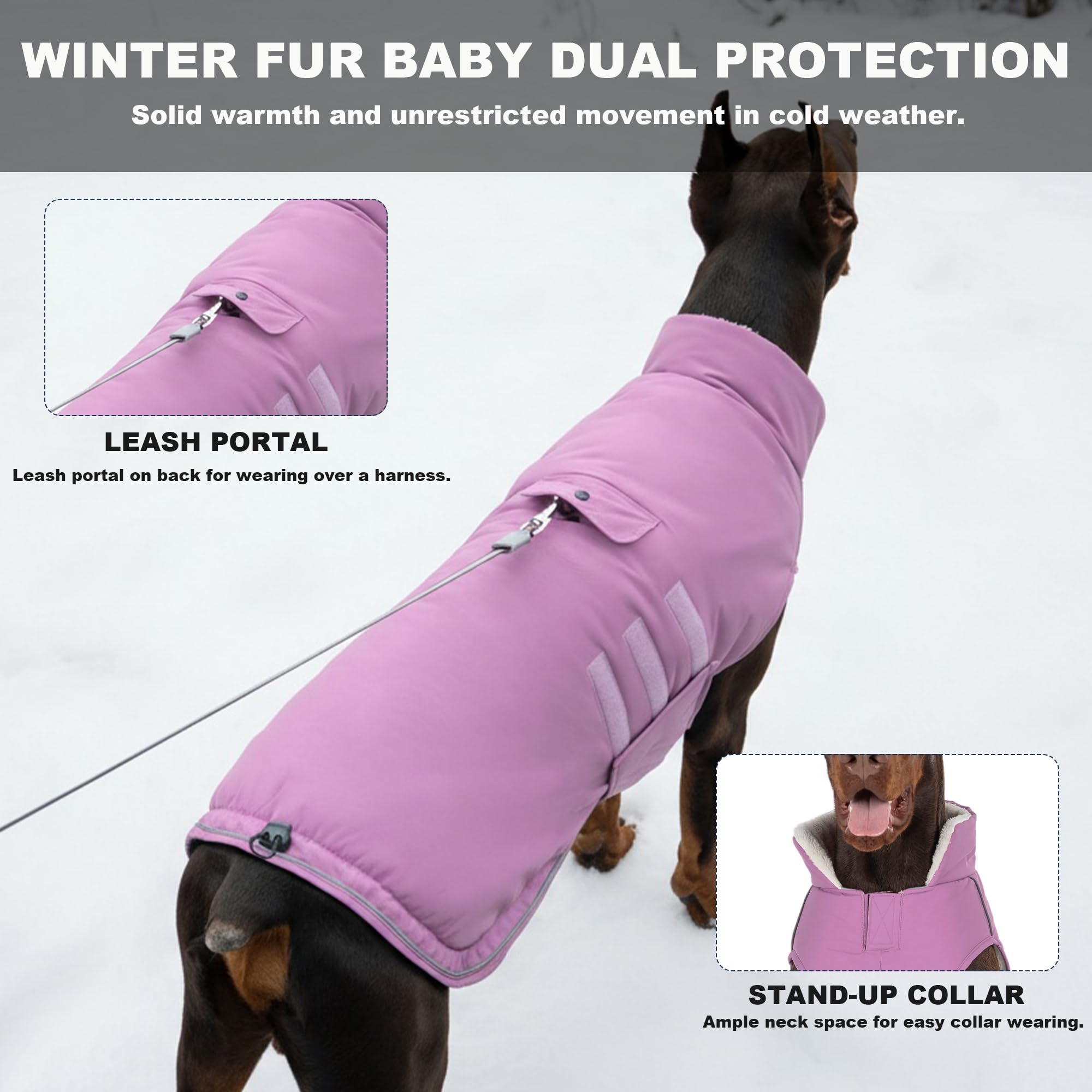 Mklhgty manteau chien hiver lilas, fermeture velcro facile autour du cou et du ventre.