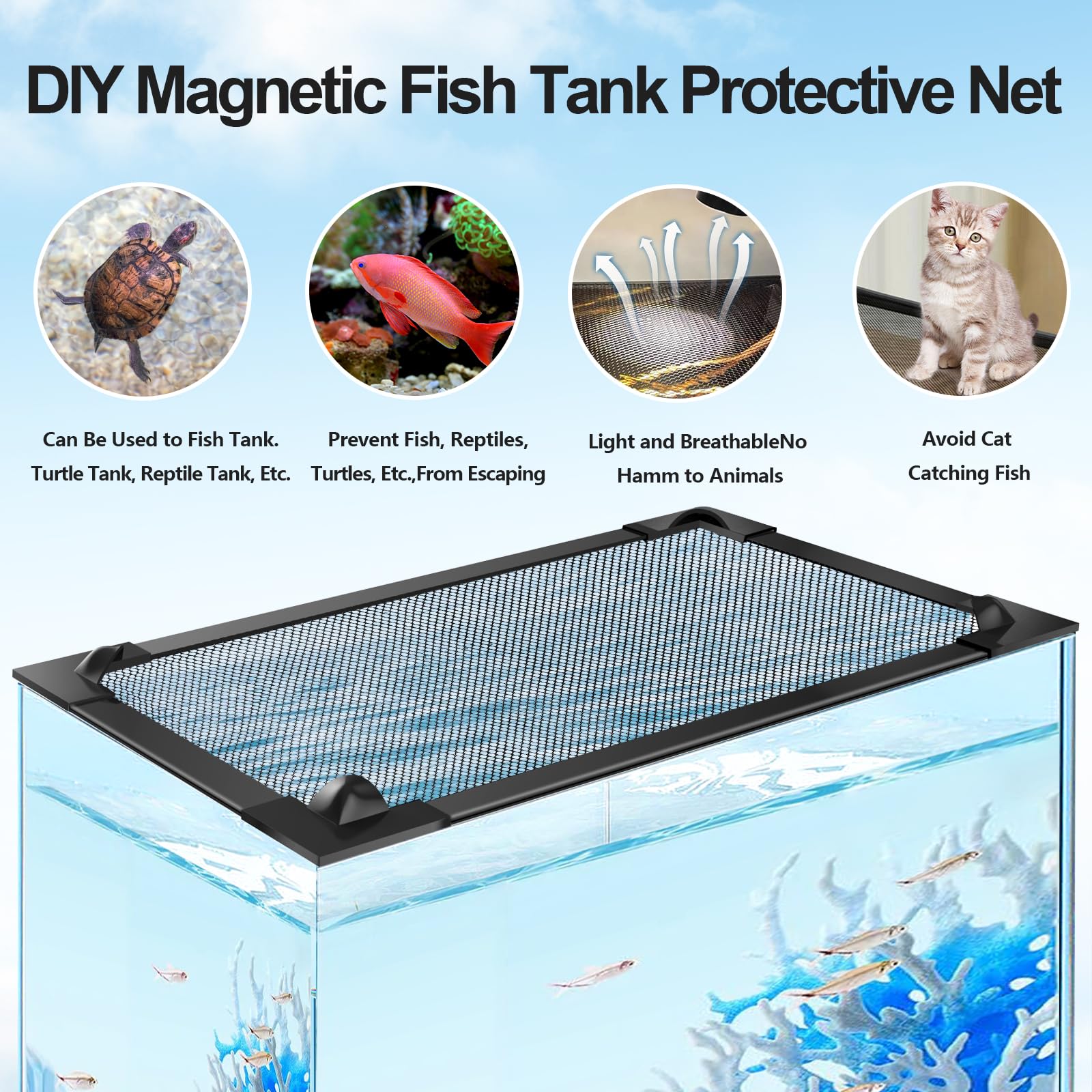 Couvercle magnétique MLEJU ajustable pour différents formats d’aquarium.