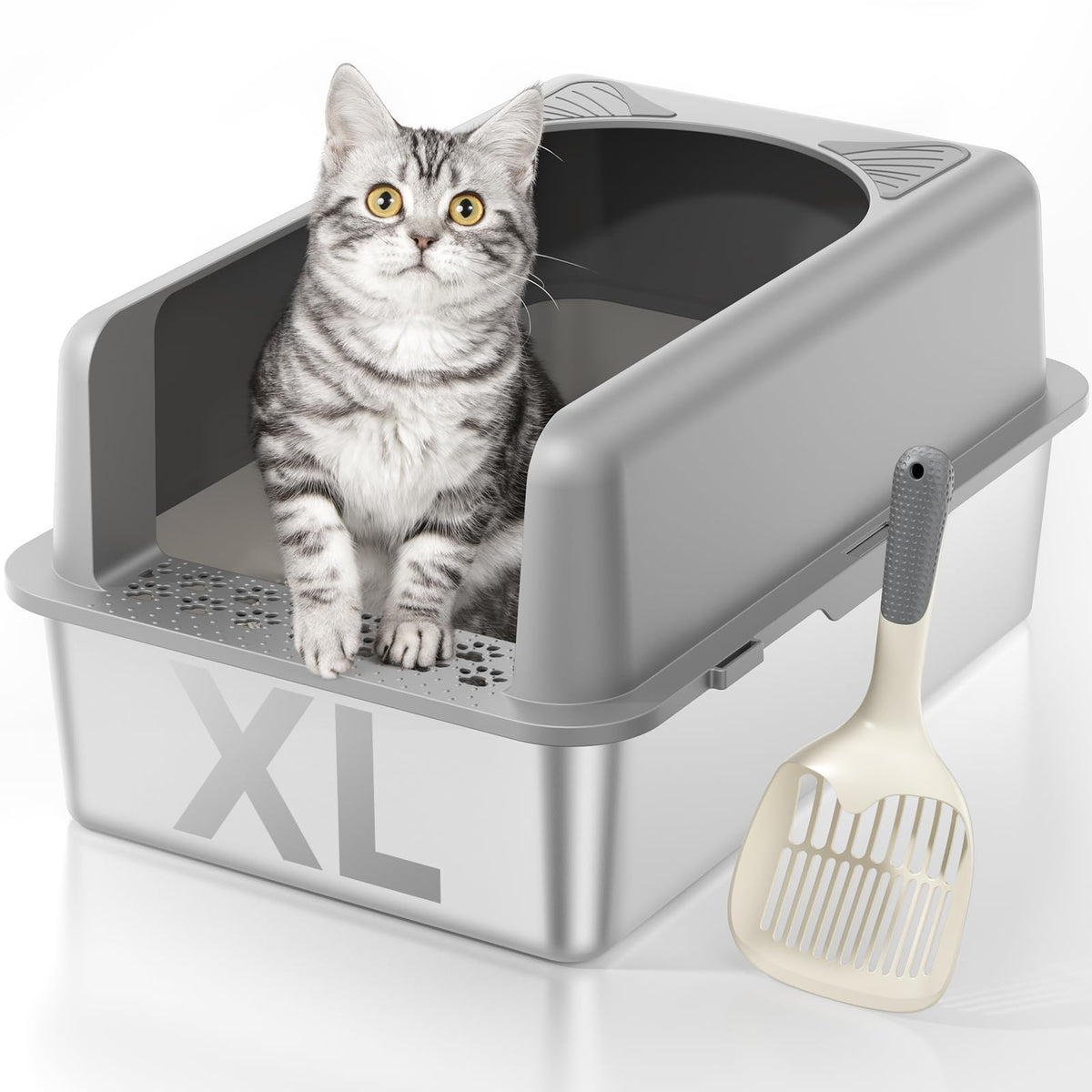 Bac MLIKLU en inox XL avec couvercle, espace généreux pour grands chats