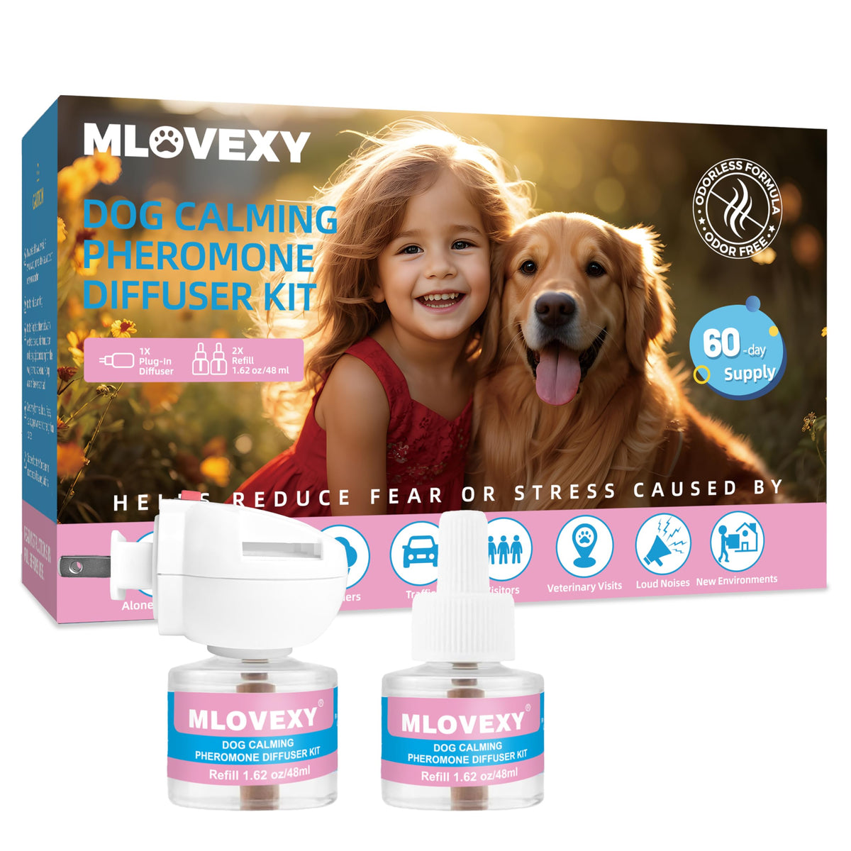 Diffuseur calmant MLOVEXY pour chiens, apaisement rapide dans le salon.