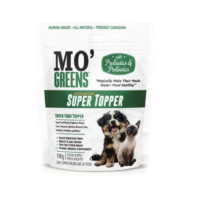 Mo' Greens garniture chien dans bol, repas enrichi et appétence.