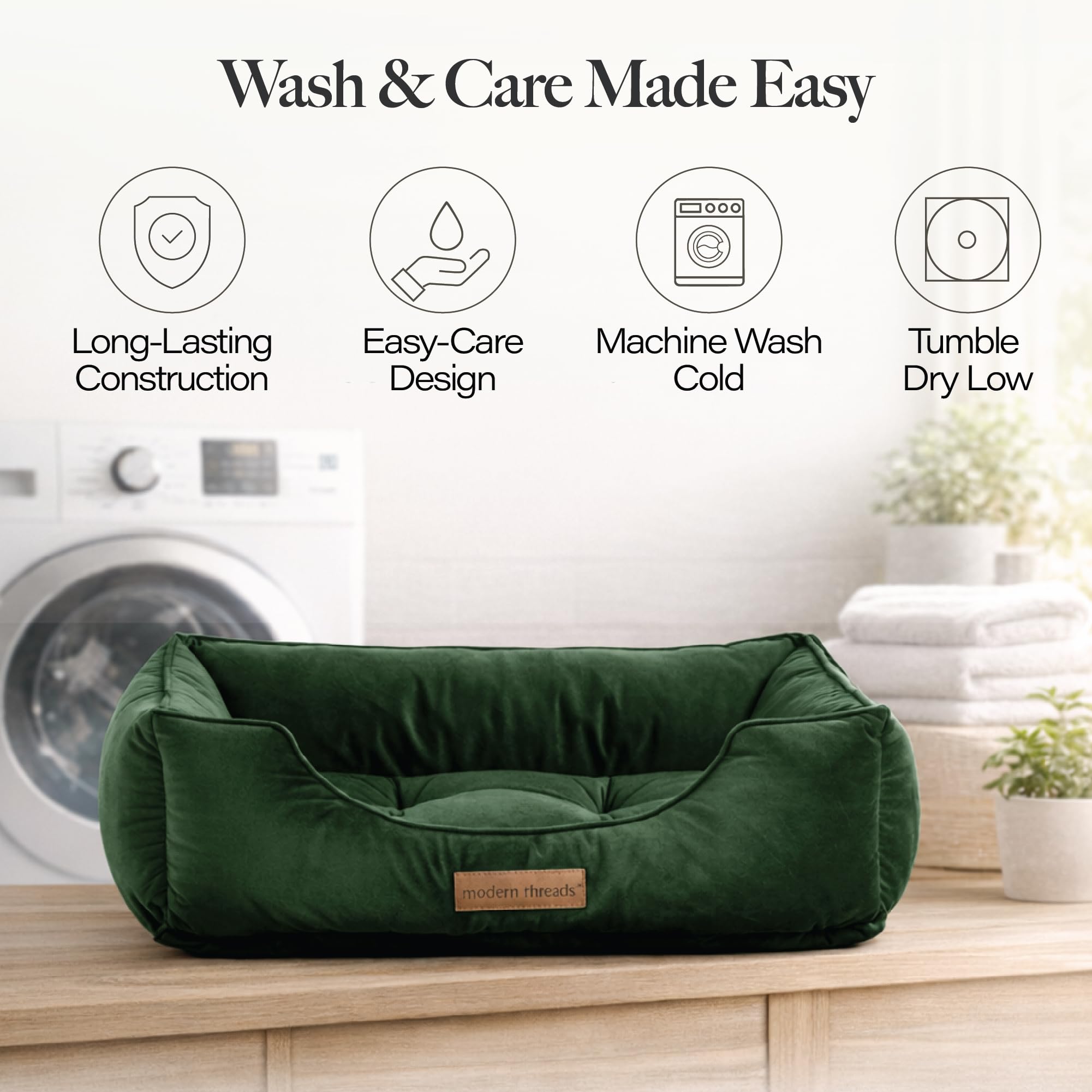 Lavage en machine facile Modern Threads lit chien velours vert forêt.