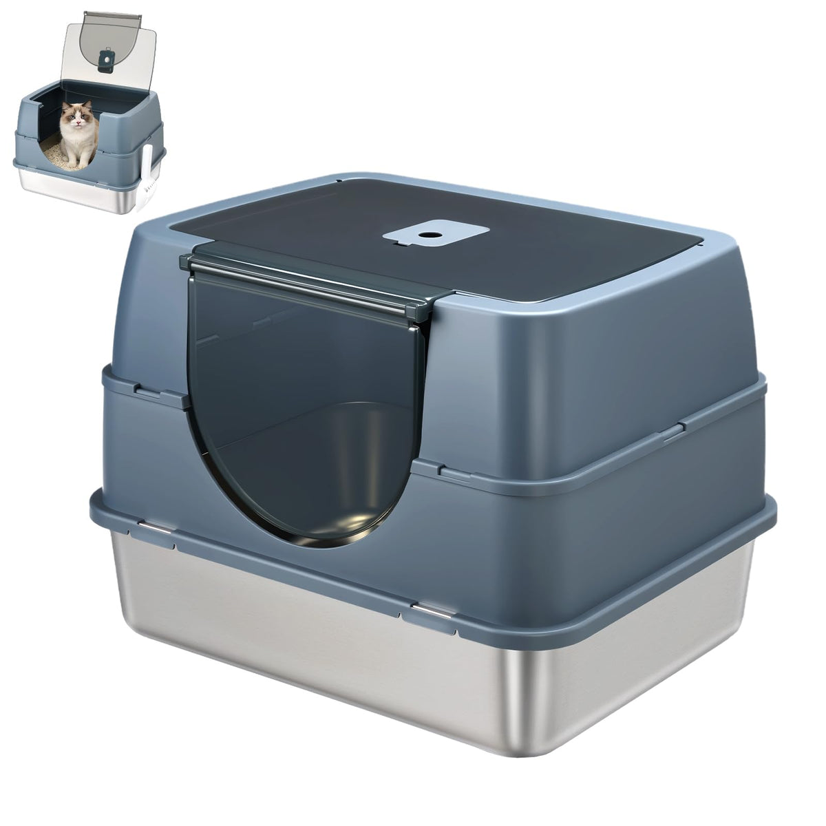 Modign litière en inox avec couvercle gris: robuste et facile à nettoyer.