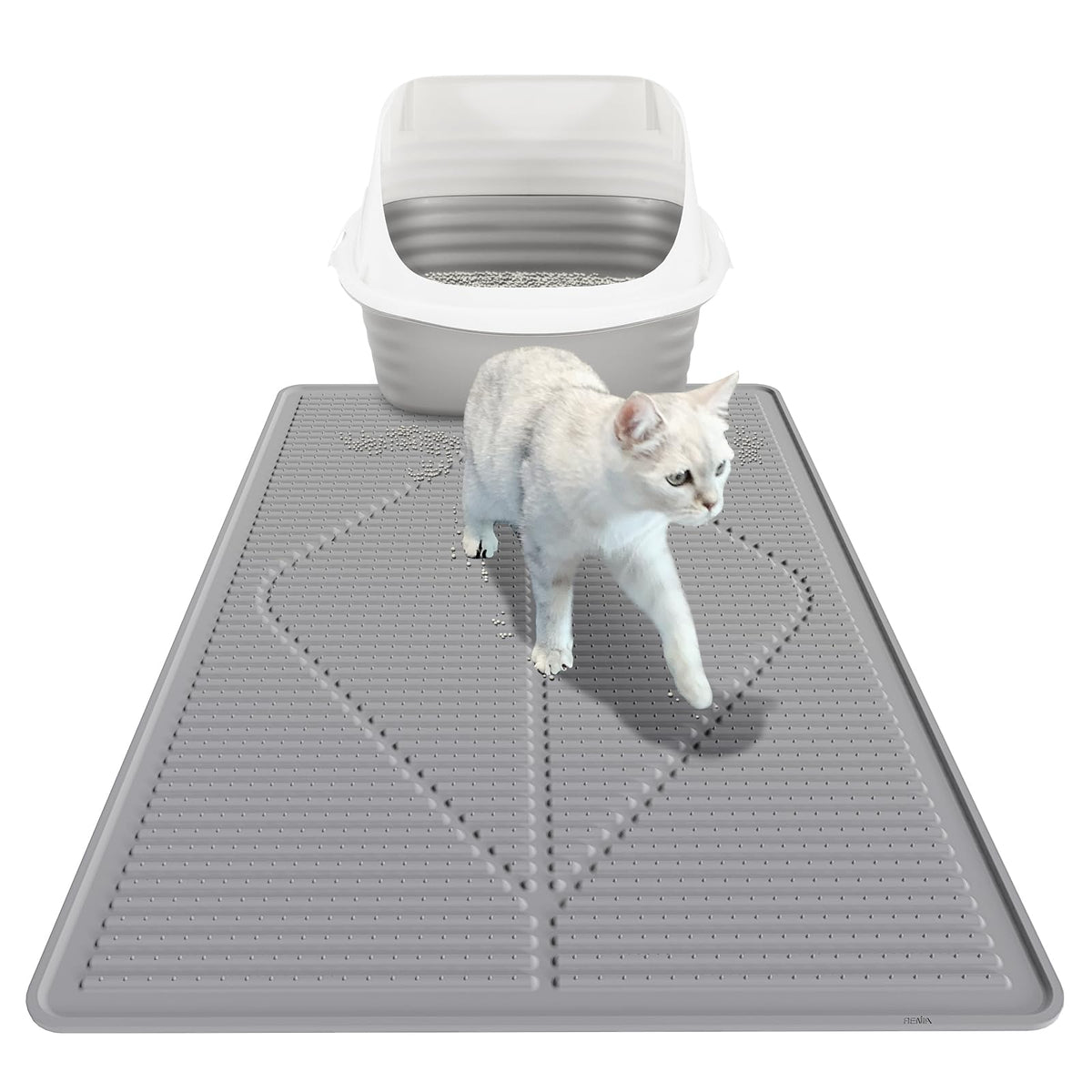 Le tapis Mofason pour litiere chat gris capte les grains et protege le sol.