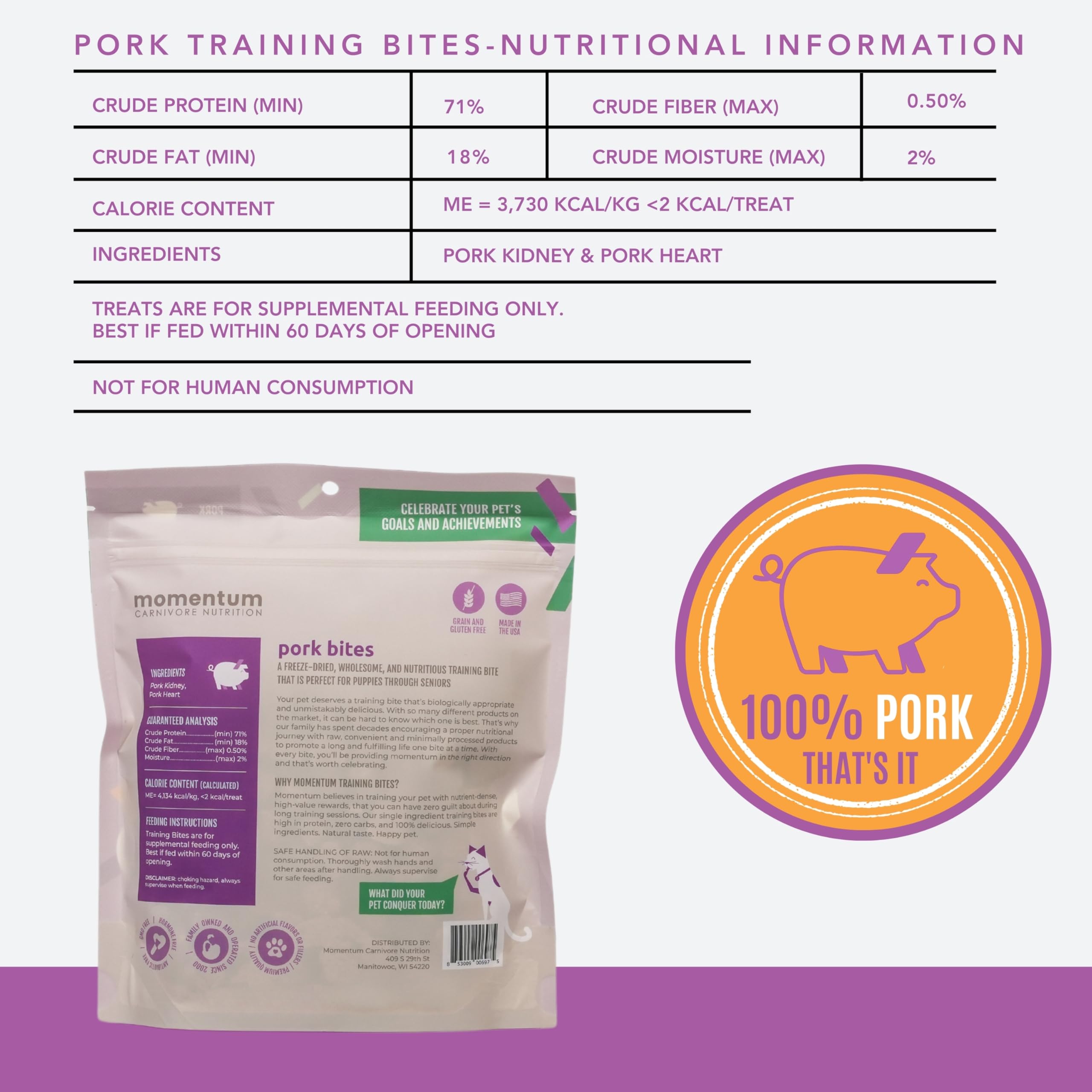Momentum Carnivore Nutrition Texture-seche Porc-Coeur-Reins : texture croquante et goût authentique.
