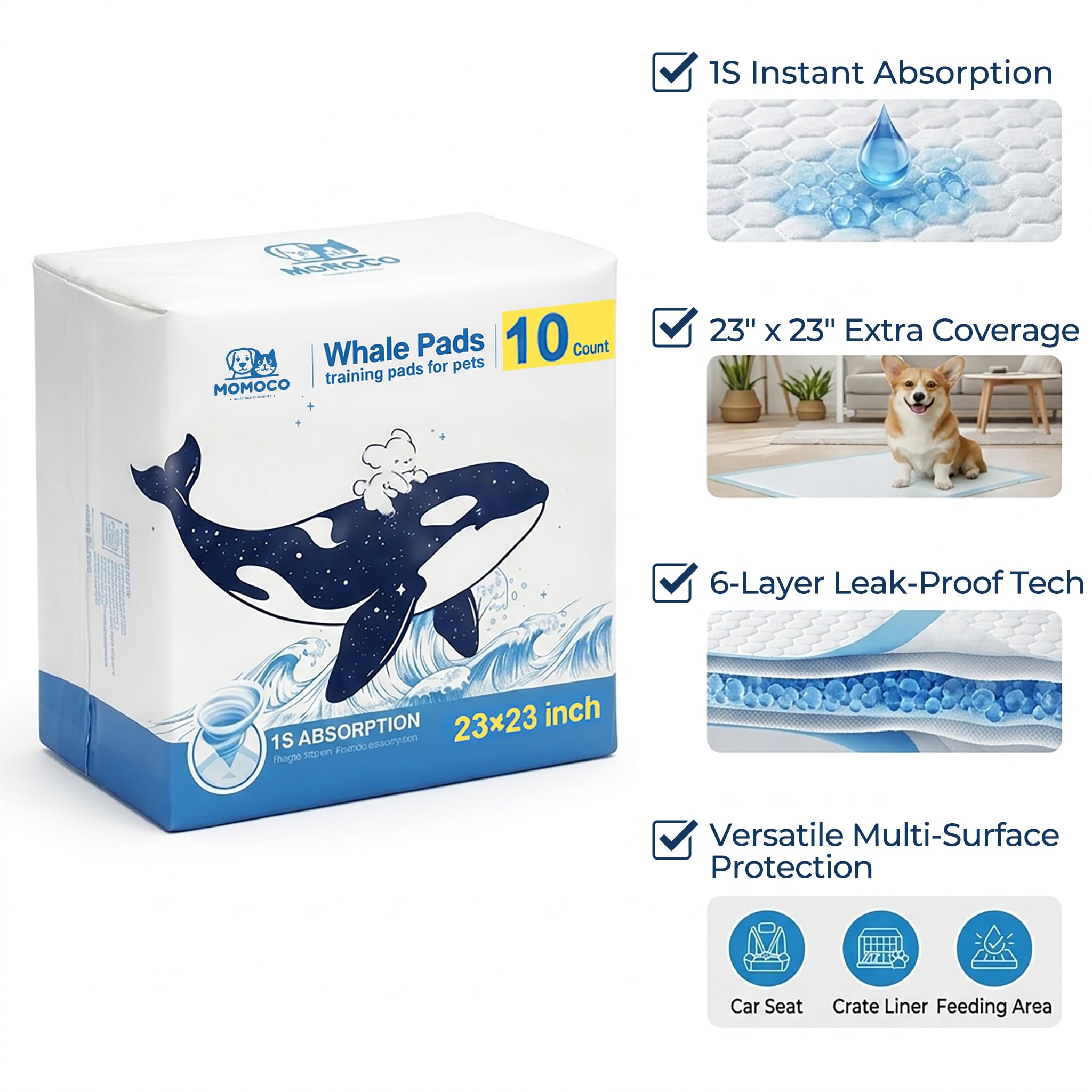 MoMoCo Whale Pads, tapis-pipi usage pratique en voiture et hôtel.