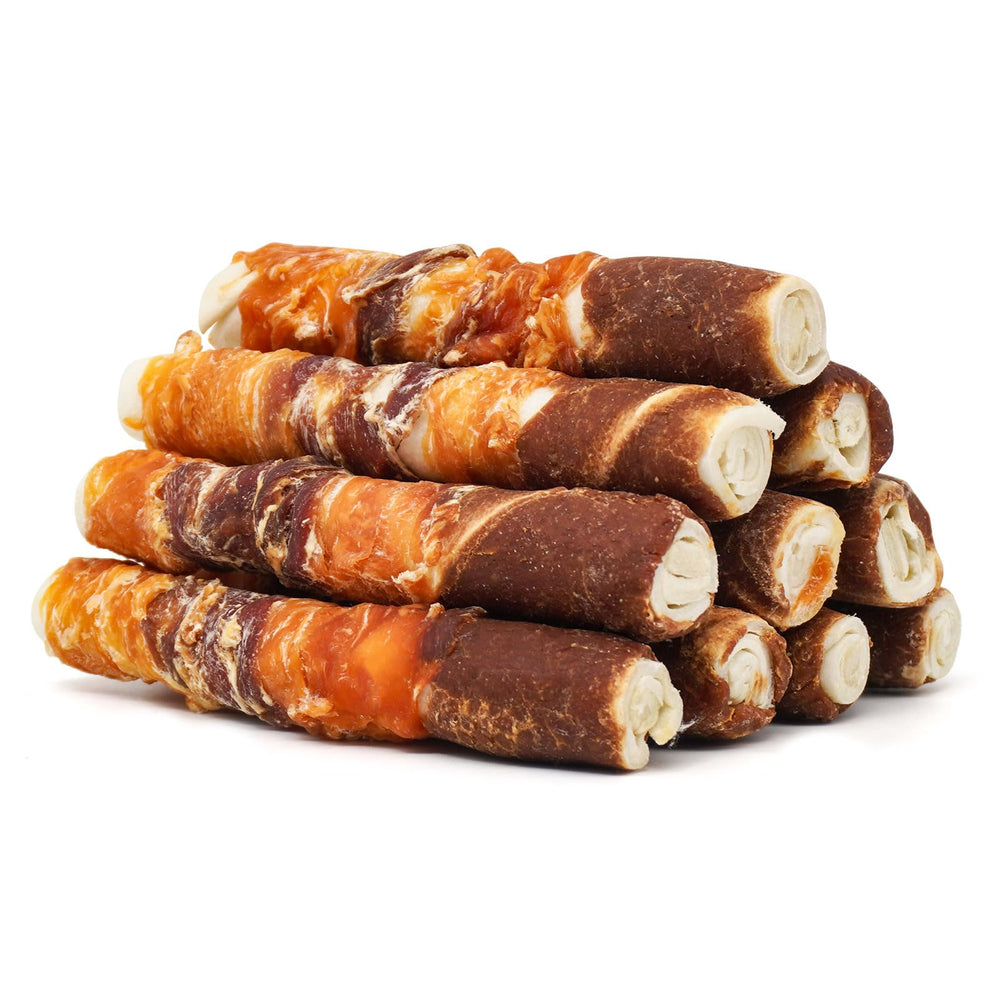 MON2SUN bâton rawhide triple saveurs poulet, foie et canard pour chien moyen, idéal comme récompense.