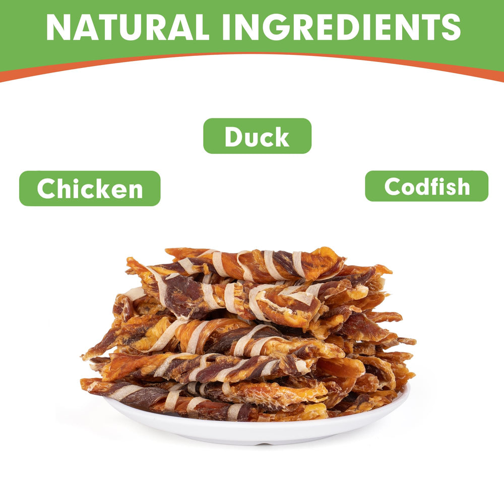 Bâtonnets twist saveur canard, texture attrayante pour chiens de petite taille.