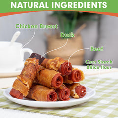 Ingrédients naturels MON2SUN: poulet, canard et boeuf pour une friandise nutritive.