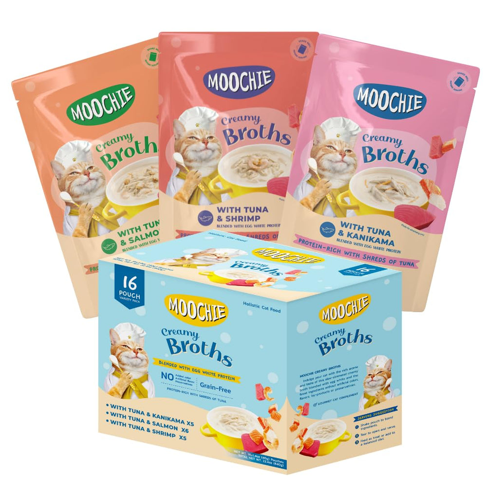 MOOCHIE bouillon chat crème saumon, hydratation délicieuse pour les repas quotidiens.