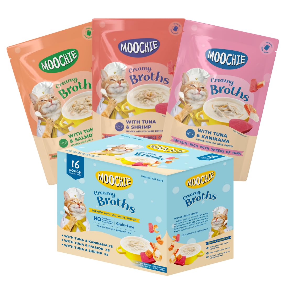 MOOCHIE bouillon chat crème saumon, hydratation délicieuse pour les repas quotidiens.