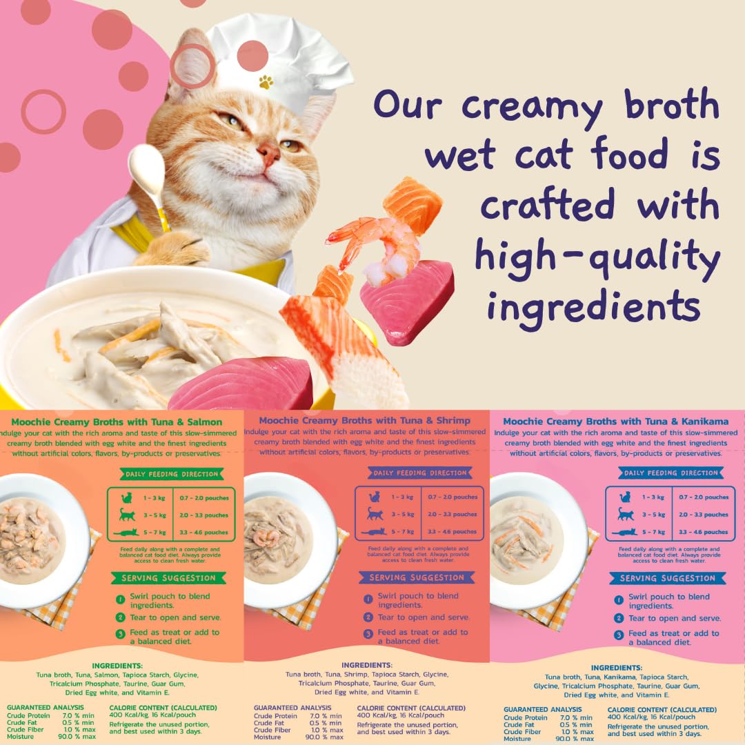 MOOCHIE bouillon chat crème crevettes, goût savoureux à ajouter sur les croquettes.