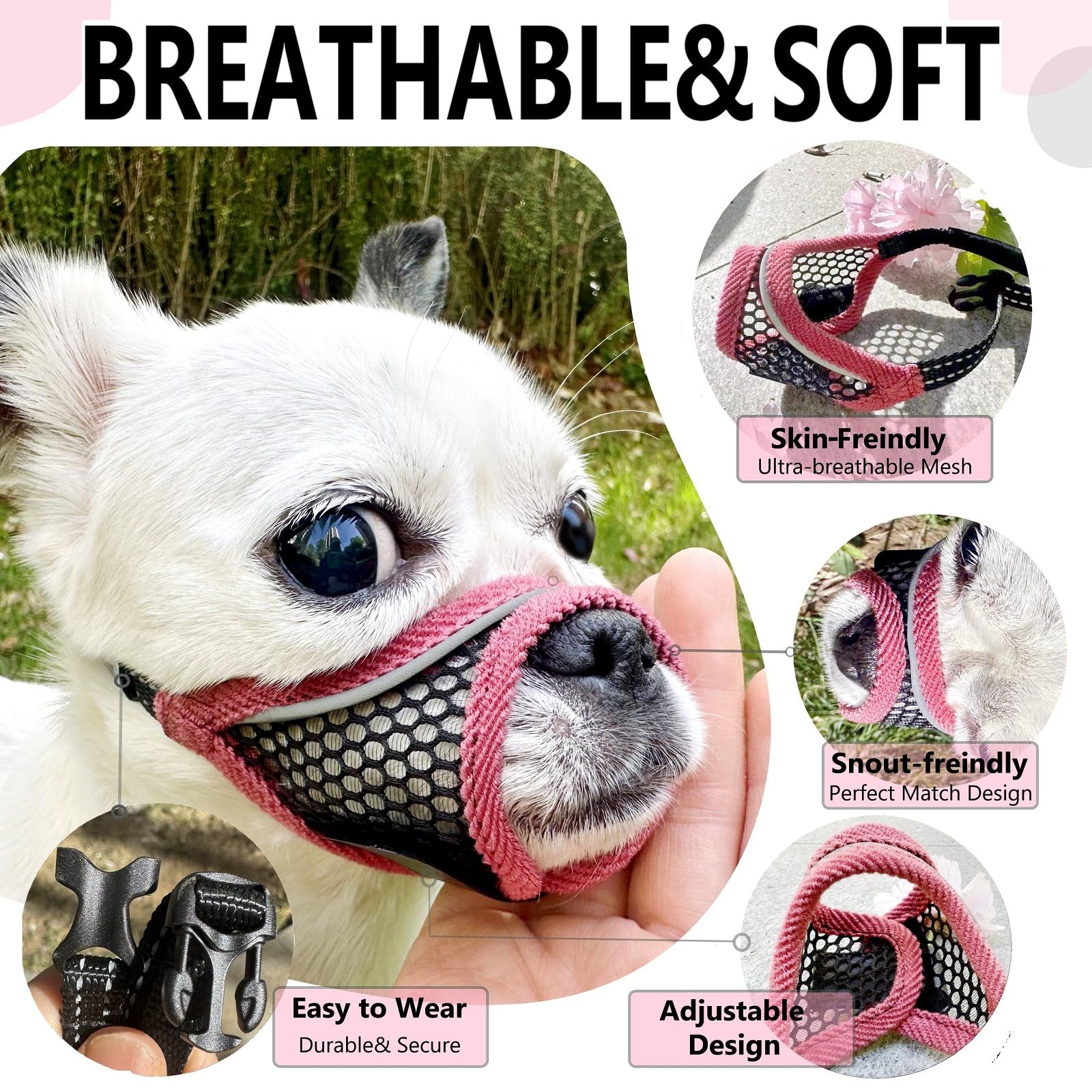 MoiiLavin masque-chien-mesh doux rose facilite le grooming et les visites.