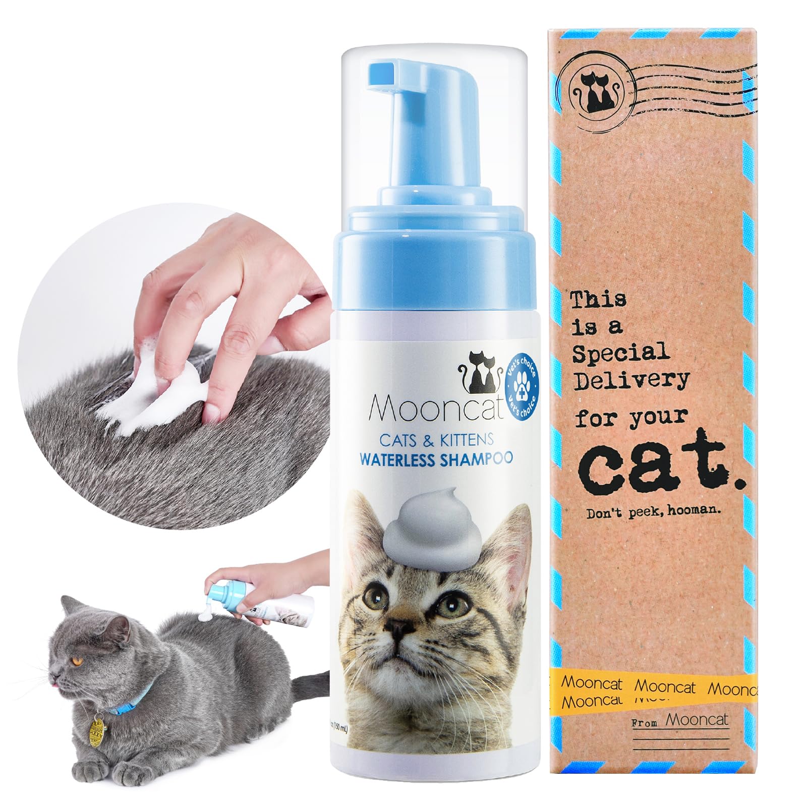 Mooncat shampoing sec pour chat – flacon facilite un soin rapide sans rinçage.