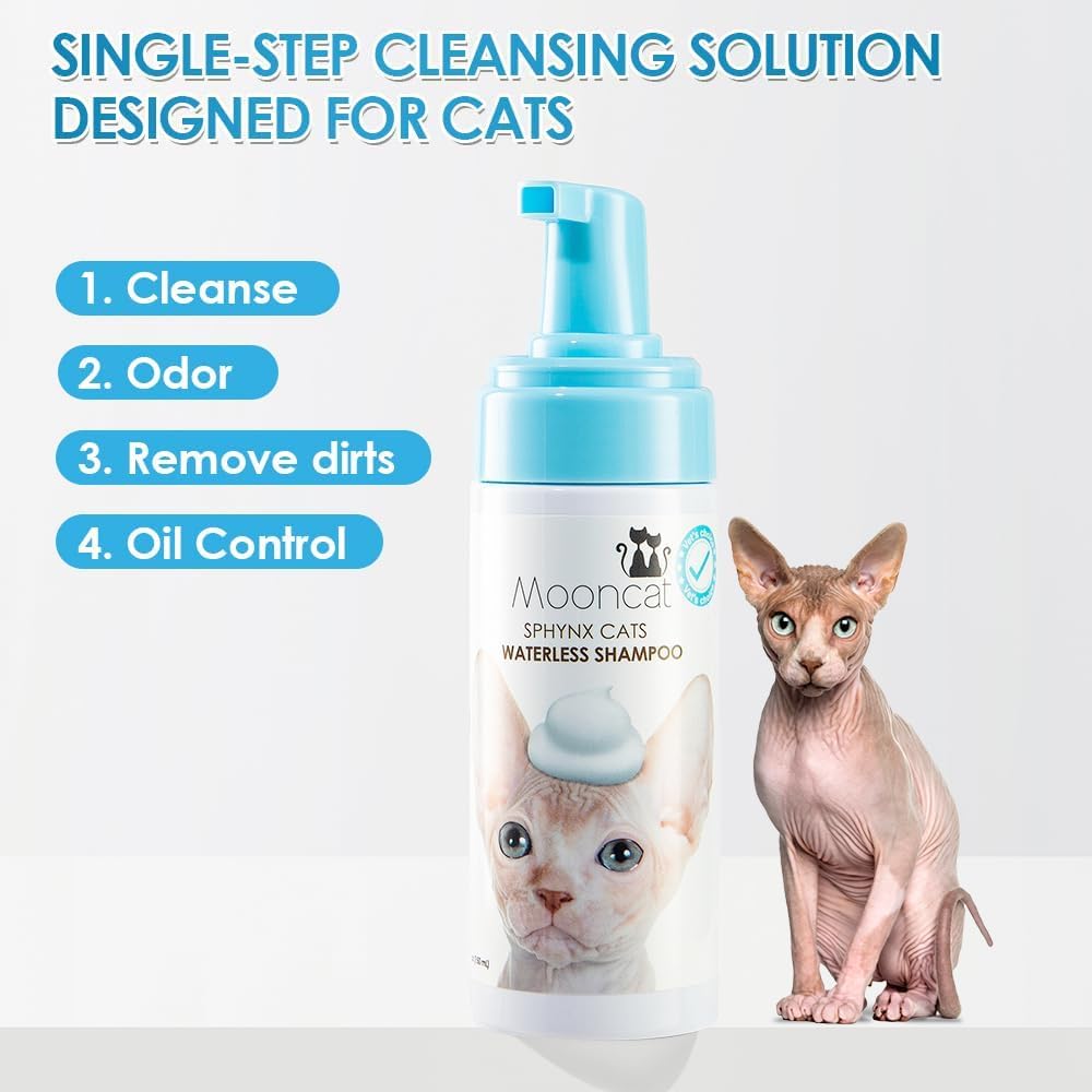 Mooncat Shampoing Sphynx sans eau, petite bouteille pratique pour un rituel apaisant.
