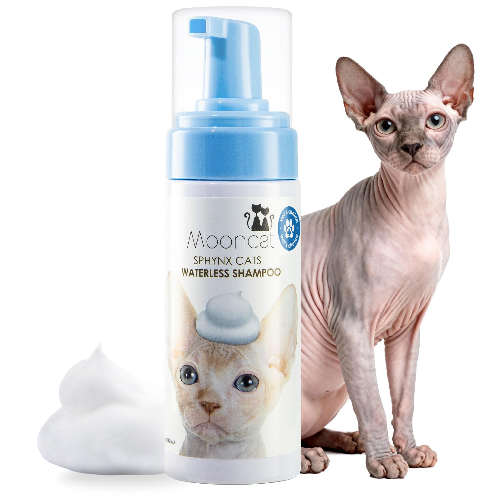 Mooncat Shampoing Sphynx sans eau, mousse prête pour un bain sans rinçage efficace.