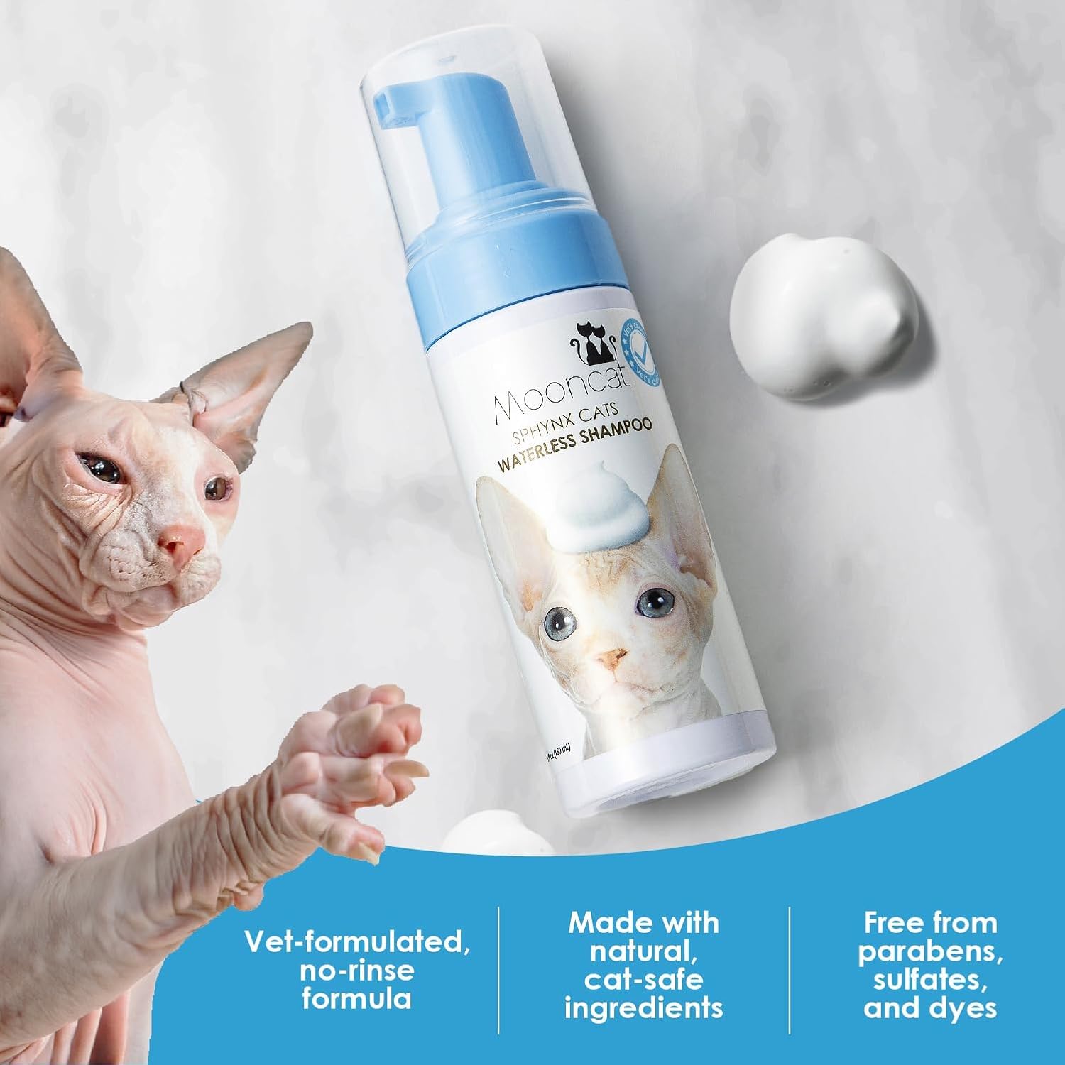 Mooncat Shampoing Sphynx sans eau, sans parabènes pour un soin sûr.