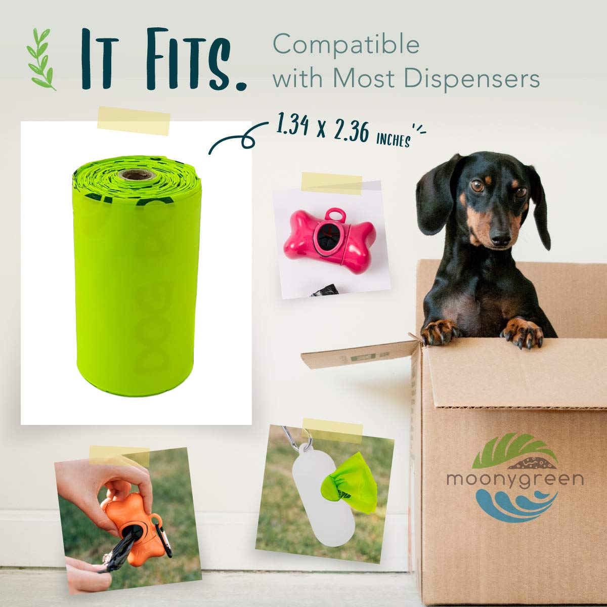 Distributeur réutilisable Moonygreen avec clip attaché à la laisse.