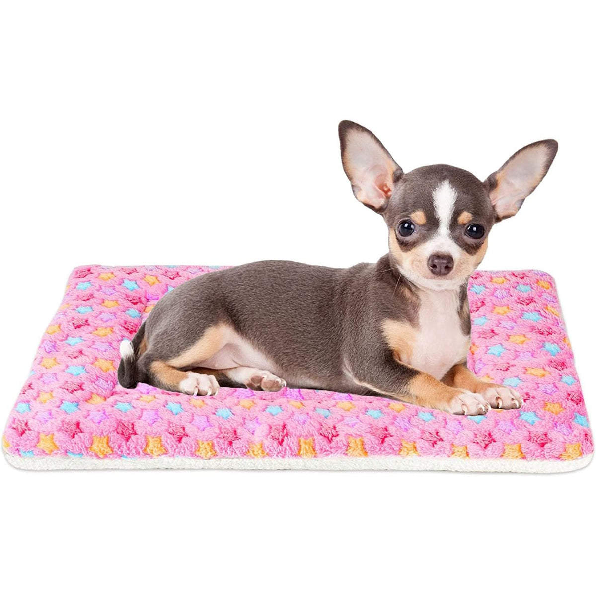 Coussin Mora Pets pour chien rose à étoiles, idéal dans caisse et voyage.