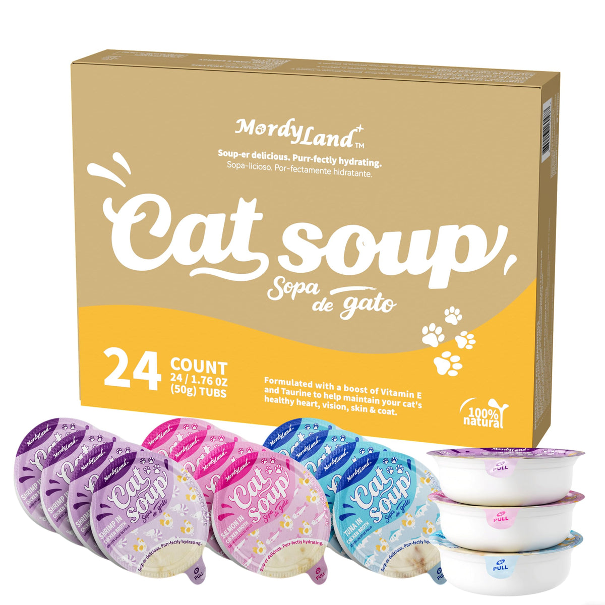 MordyLand Chat Garniture Bouillon poulet avec saumon visible, hydratation savoureuse