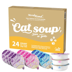 MordyLand Chat Garniture Bouillon poulet avec saumon visible, hydratation savoureuse