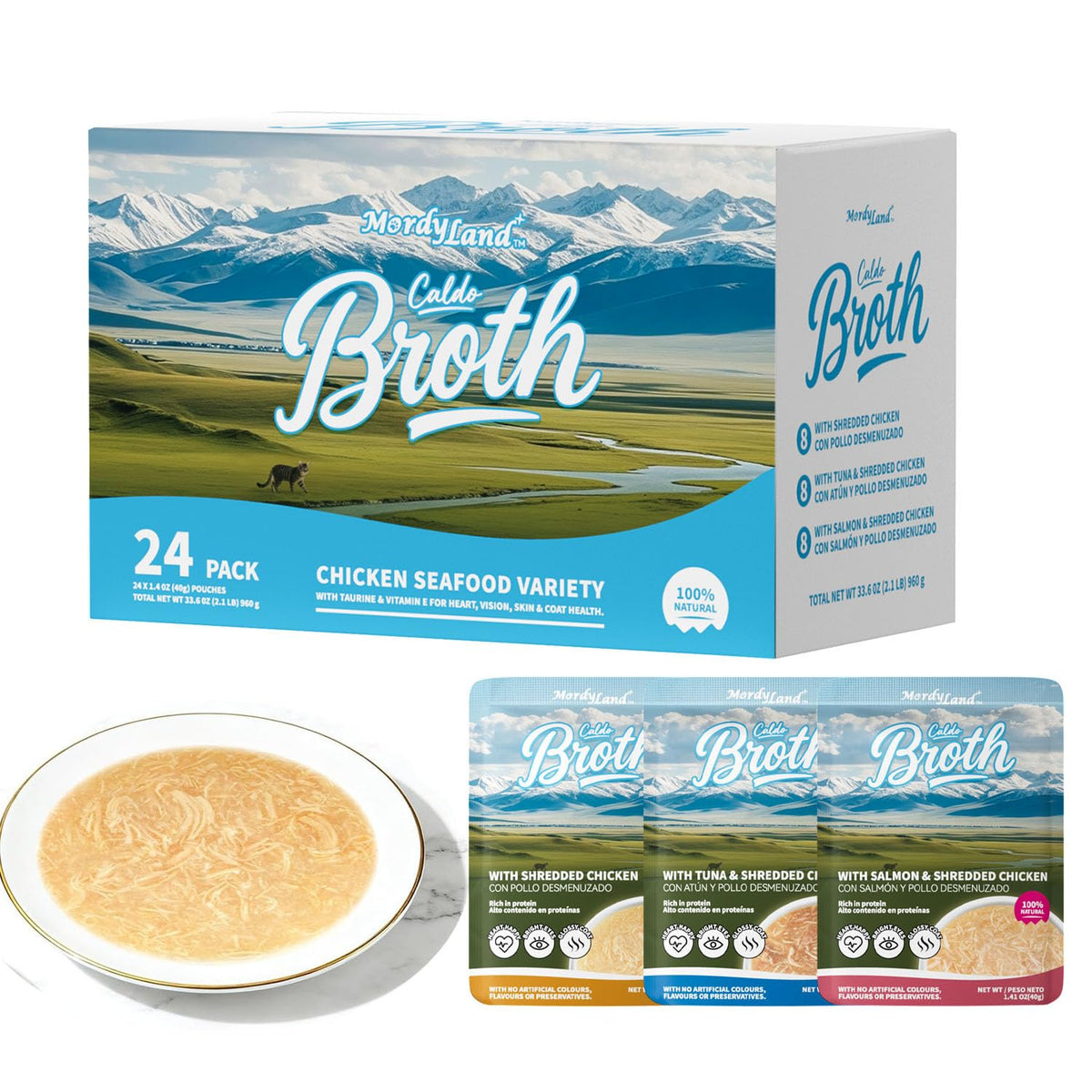 MordyLand poulet effiloché dans le bouillon, texture tendre et saveur riche.
