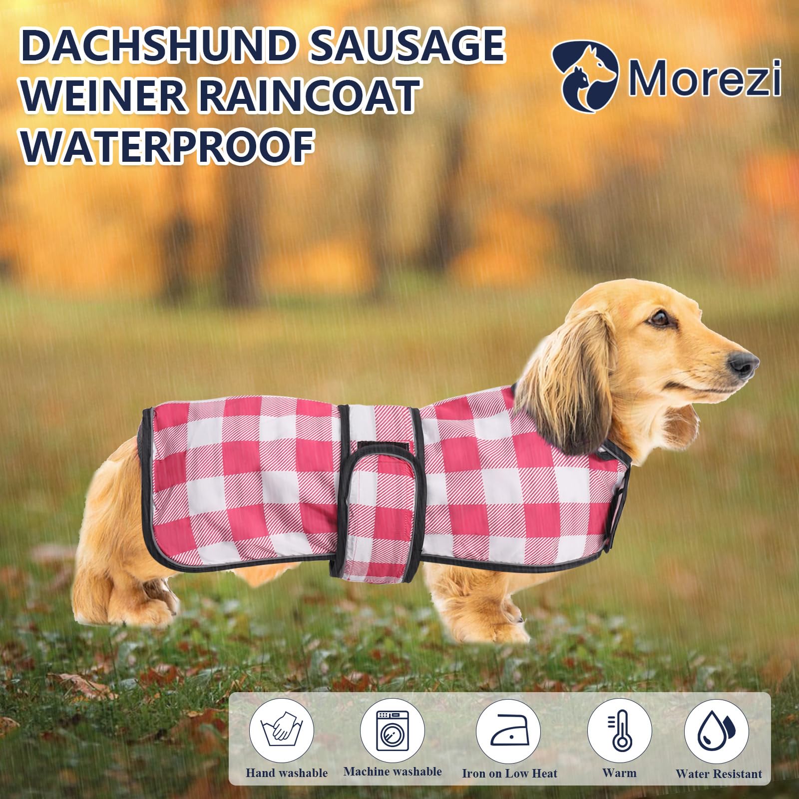 Morezi imperméable dachshund rose-plaid, vue arrière montrant la couverture complète.