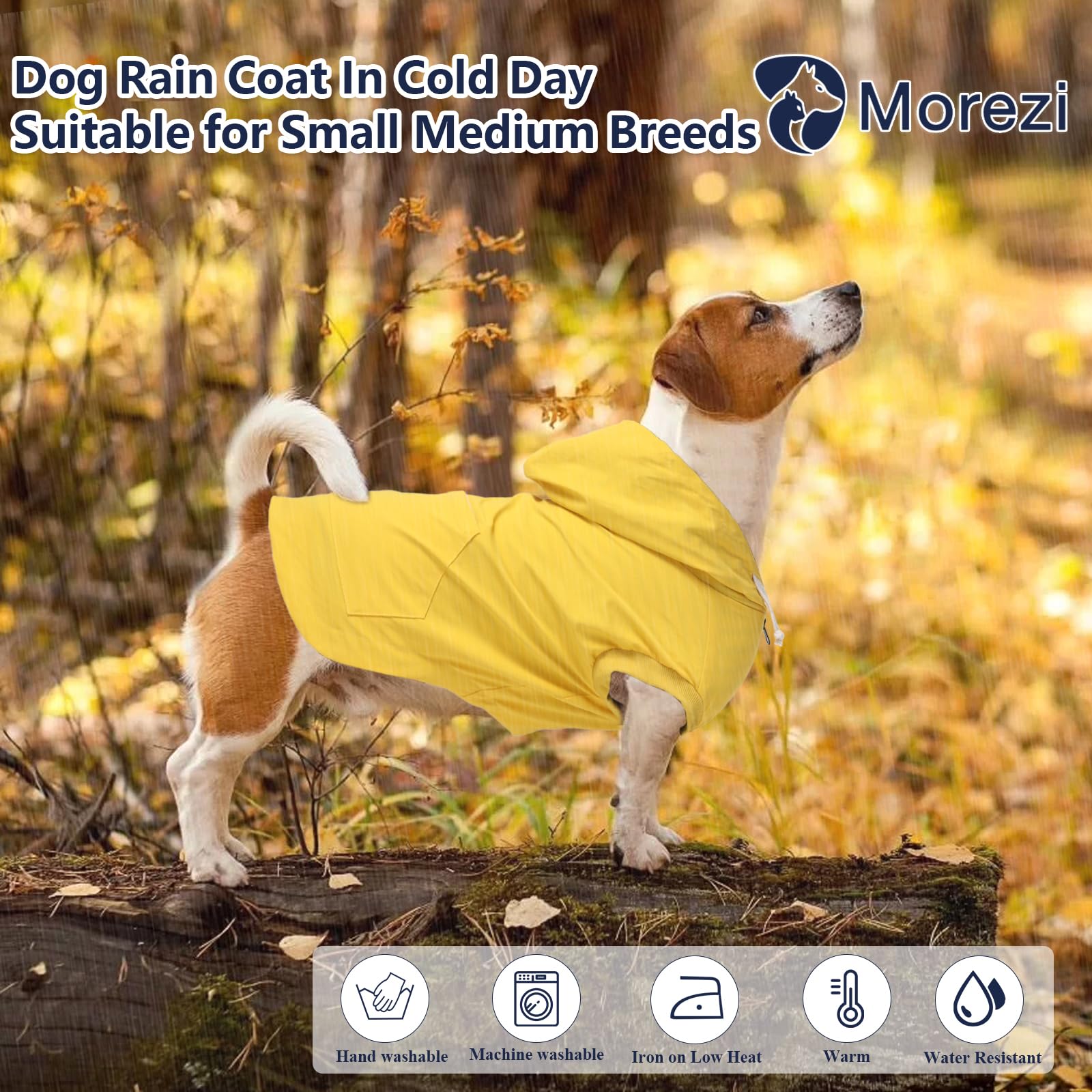 Manteau Morezi jaune avec capuche légère pour chien moyen, pratique par temps pluvieux.