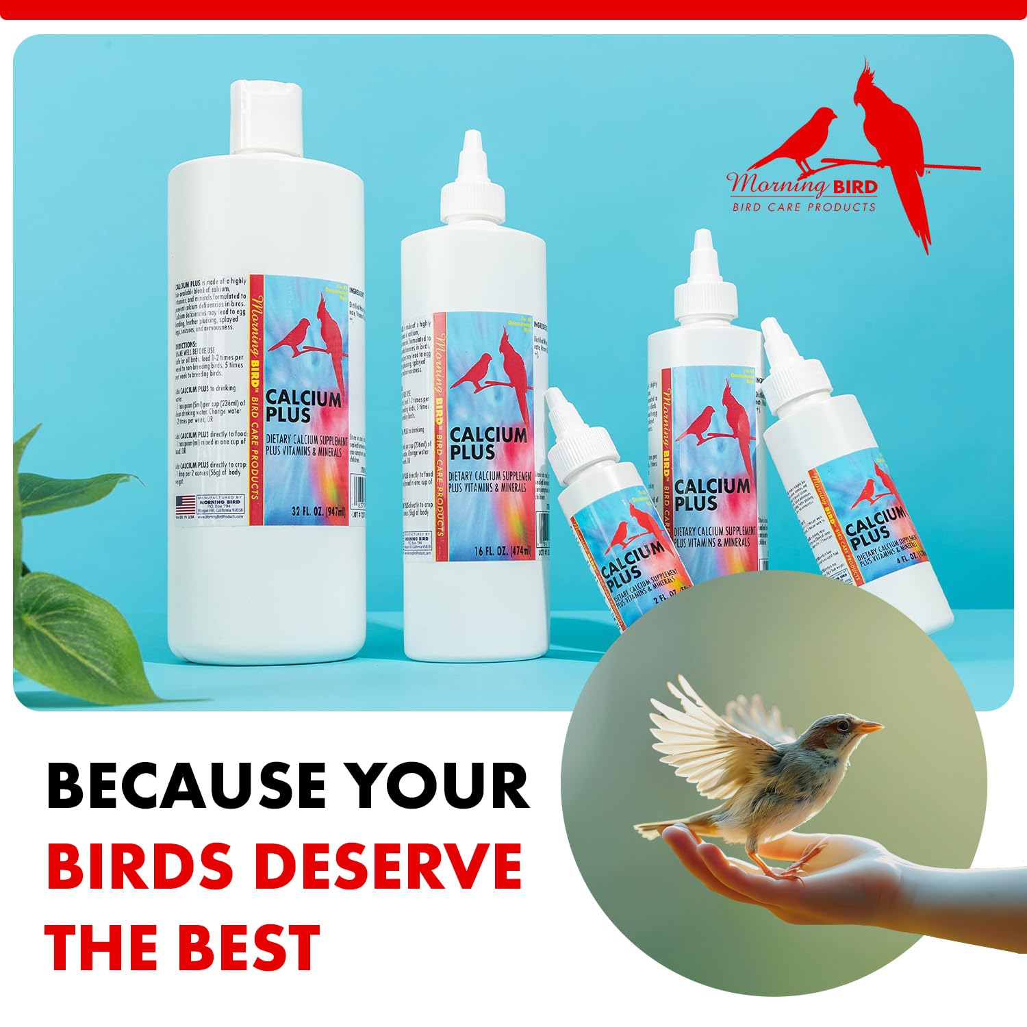 Morning Bird Calcium Plus Liquid – pratique et polyvalent pour l'entretien quotidien des oiseaux.