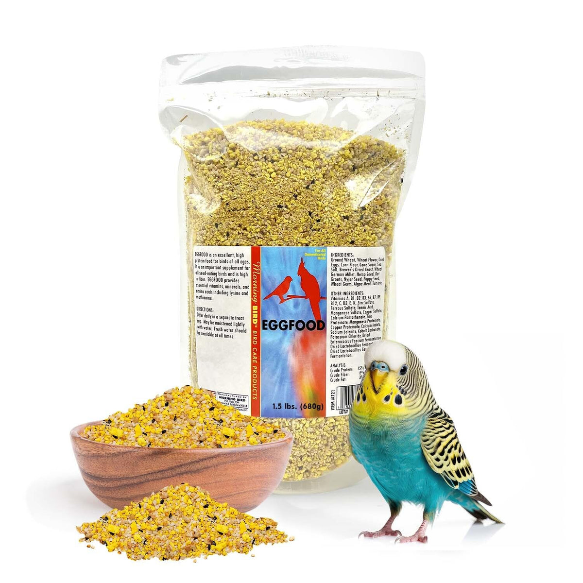 Morning Bird Eggfood emballage: protéines pour la croissance des oiseaux.