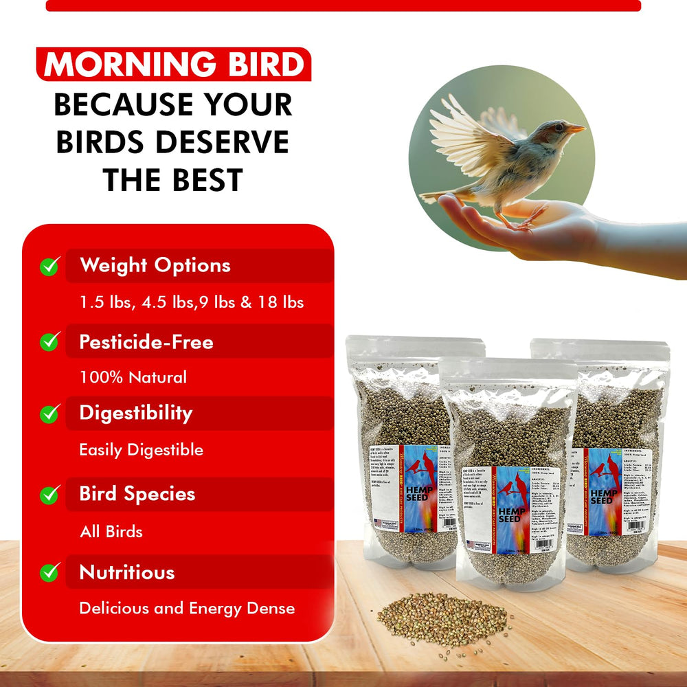  Morning Bird Hemp Seeds etagere 4-5 lbs presentation en vrac