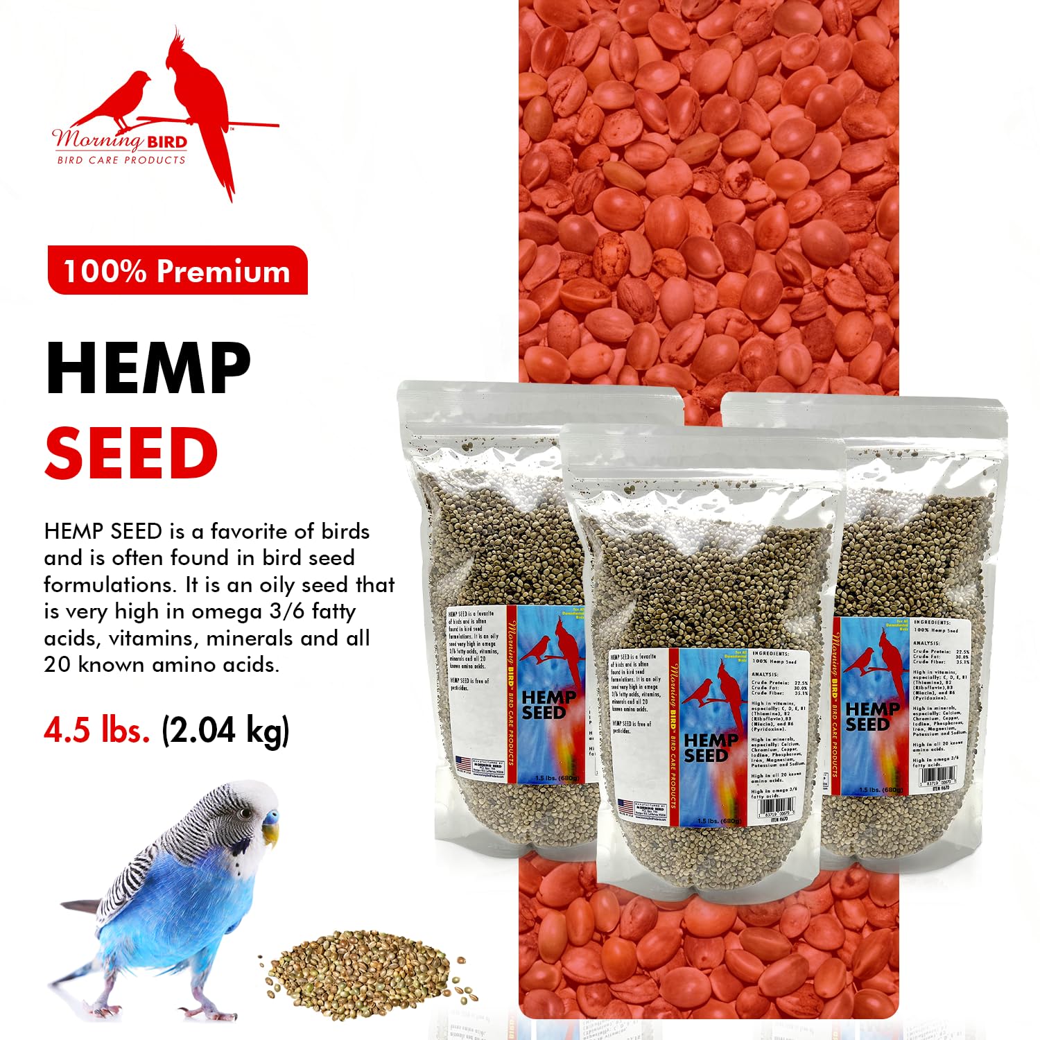 Morning Bird Hemp Seeds graines seches en gros plan pour oiseaux
