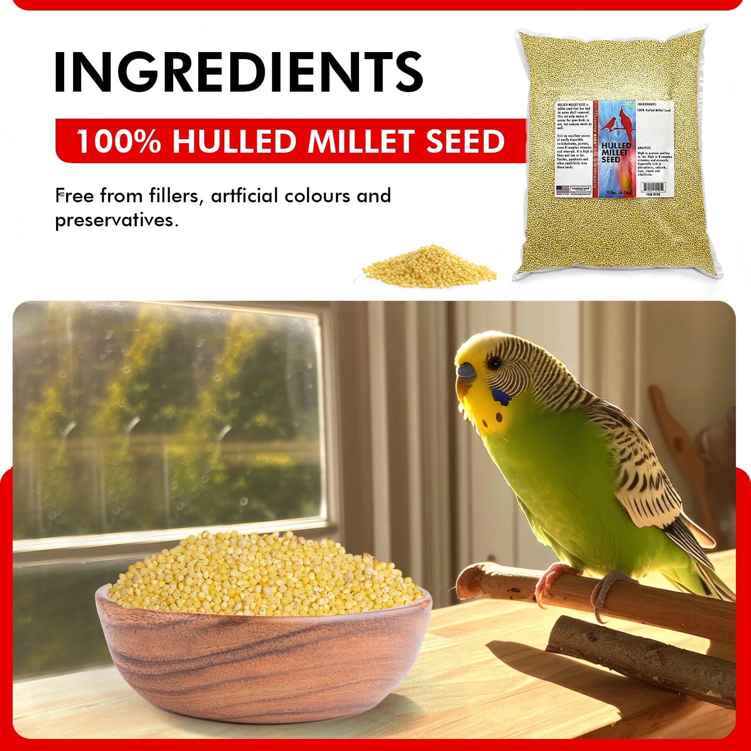Marque Morning Bird Millet décortiqué — fibres et minéraux soutiennent la vitalité des oiseaux.