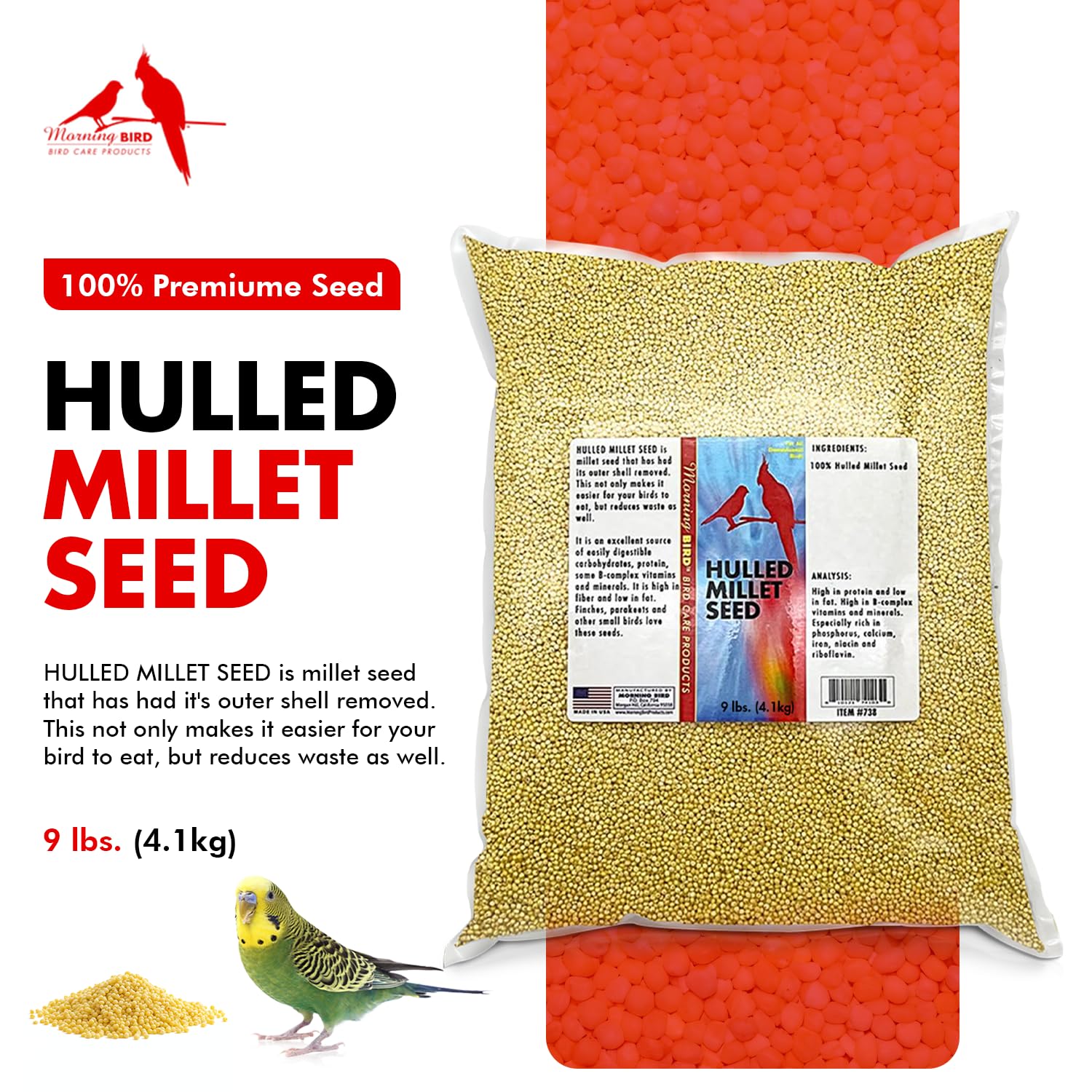 Marque Morning Bird Millet décortiqué — grains secs prêts à nourrir vos oiseaux.