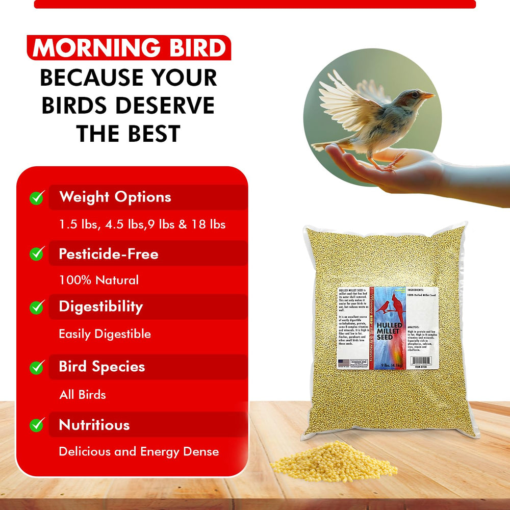 Marque Morning Bird Millet décortiqué — option sec ou trempé pour varier les repas.
