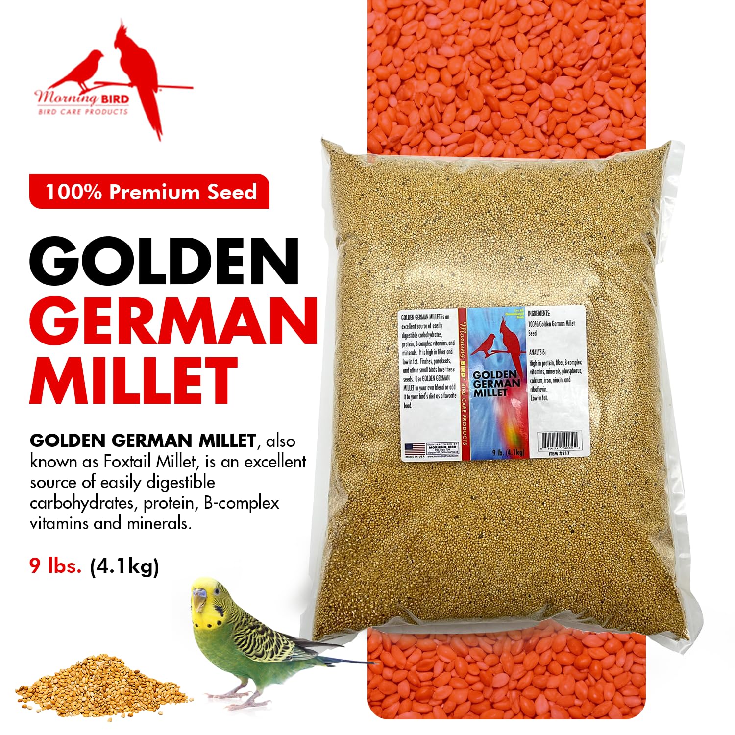 Morning Bird Millet doré emballage hermétique, fraîcheur et stockage facilités.